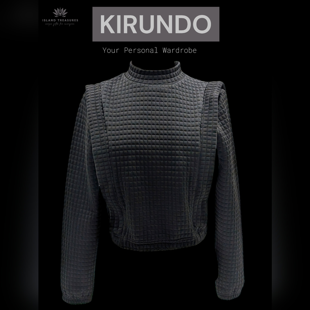 NWT KIRUNDO Waffle-Texture Sz S Cropped Top Stand-Up Collar Taylored Shoulder